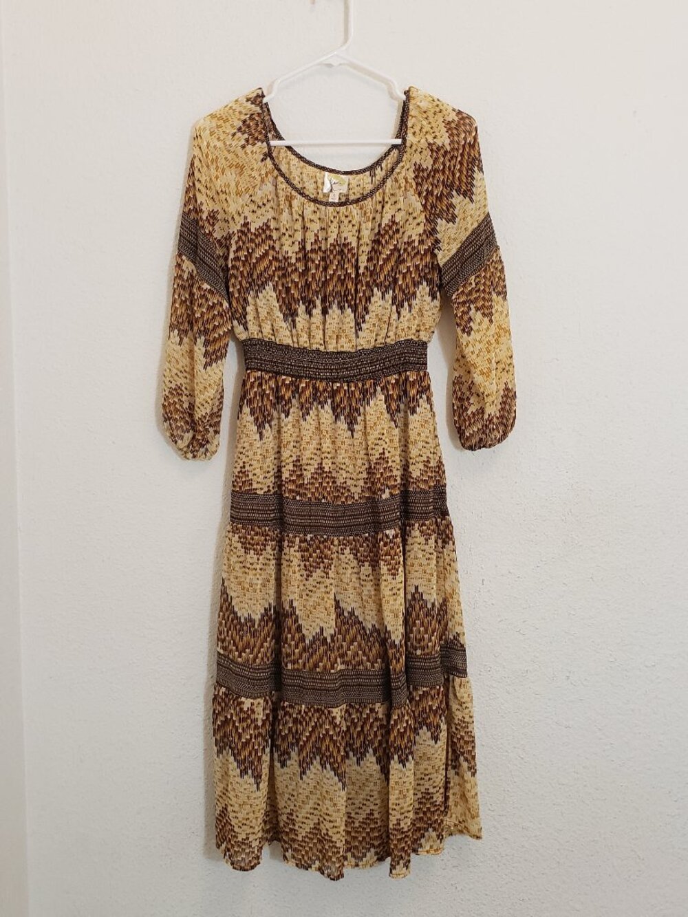 Fig & Flower Anthropologie Midi Dress Small Chevron Smocked Boho Sheer Lined